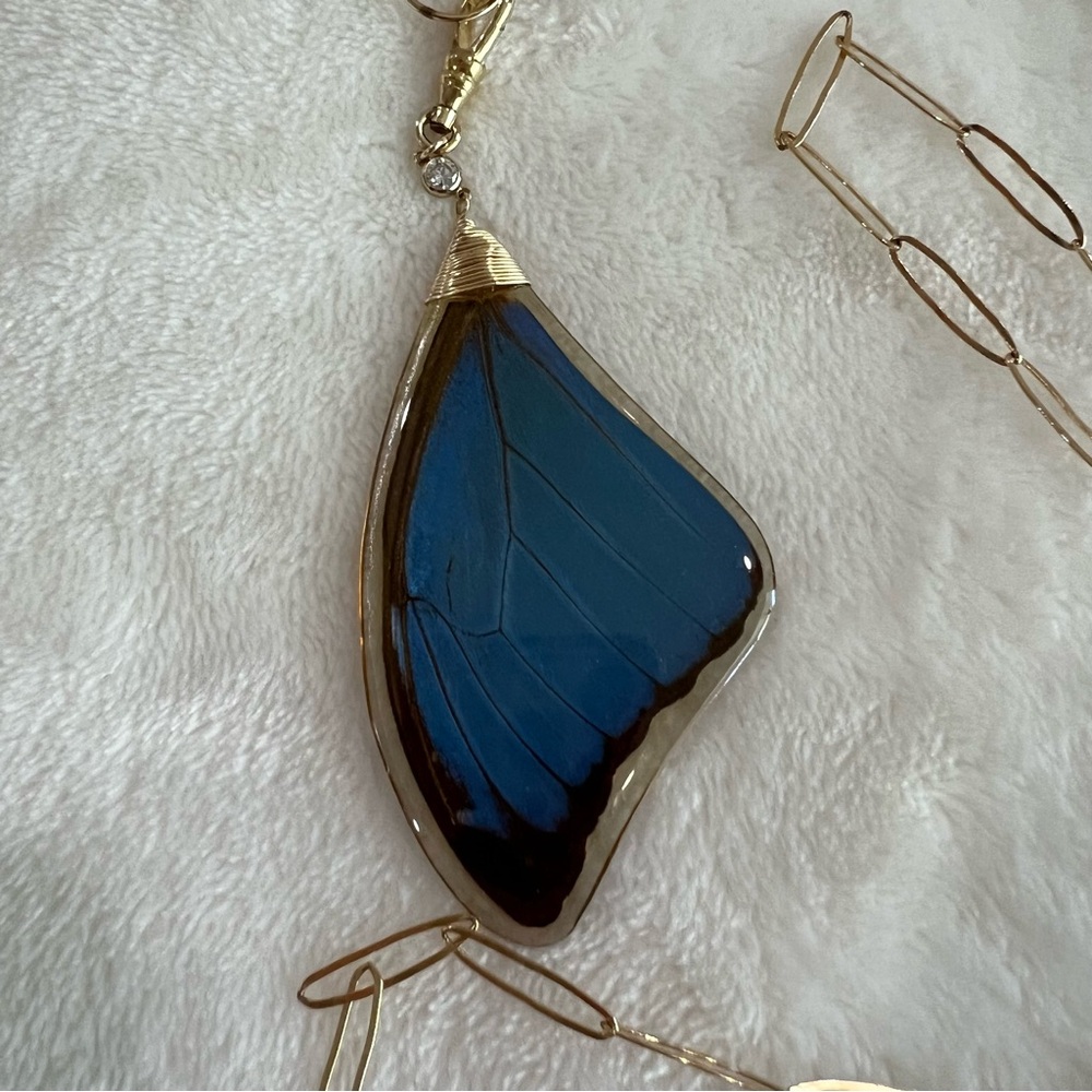Taylor And Tessier Morphos Blue Butterfly Wing Necklace - Picture 4 of 5